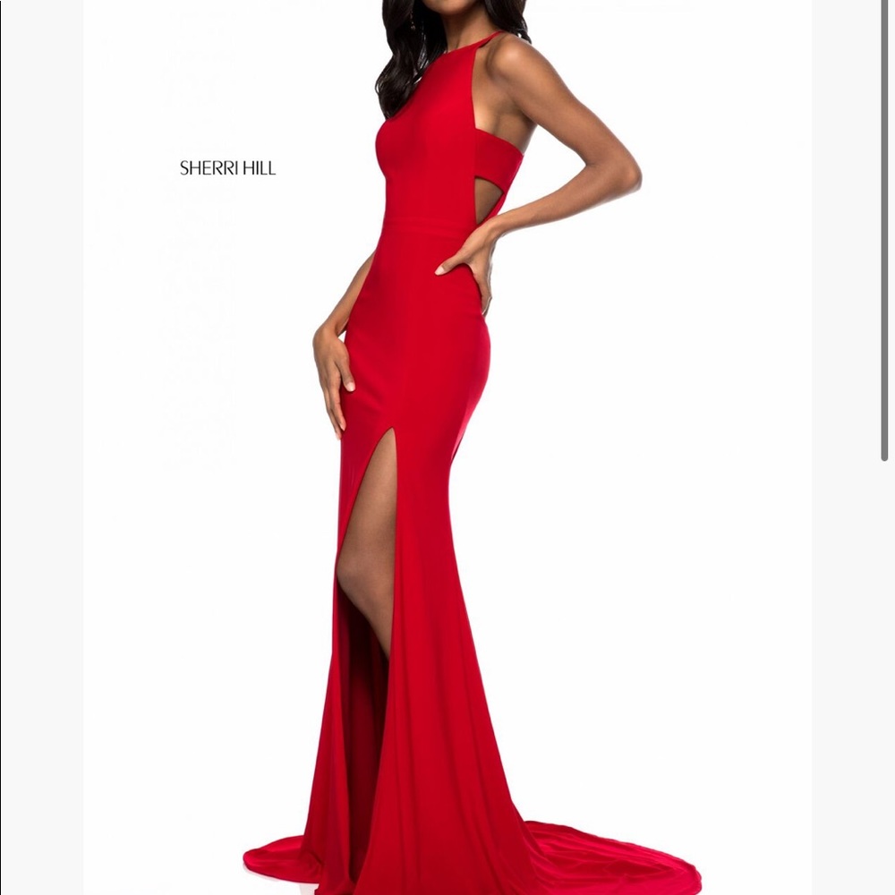 Red Sherri Hill dress with high neckline and side cutouts